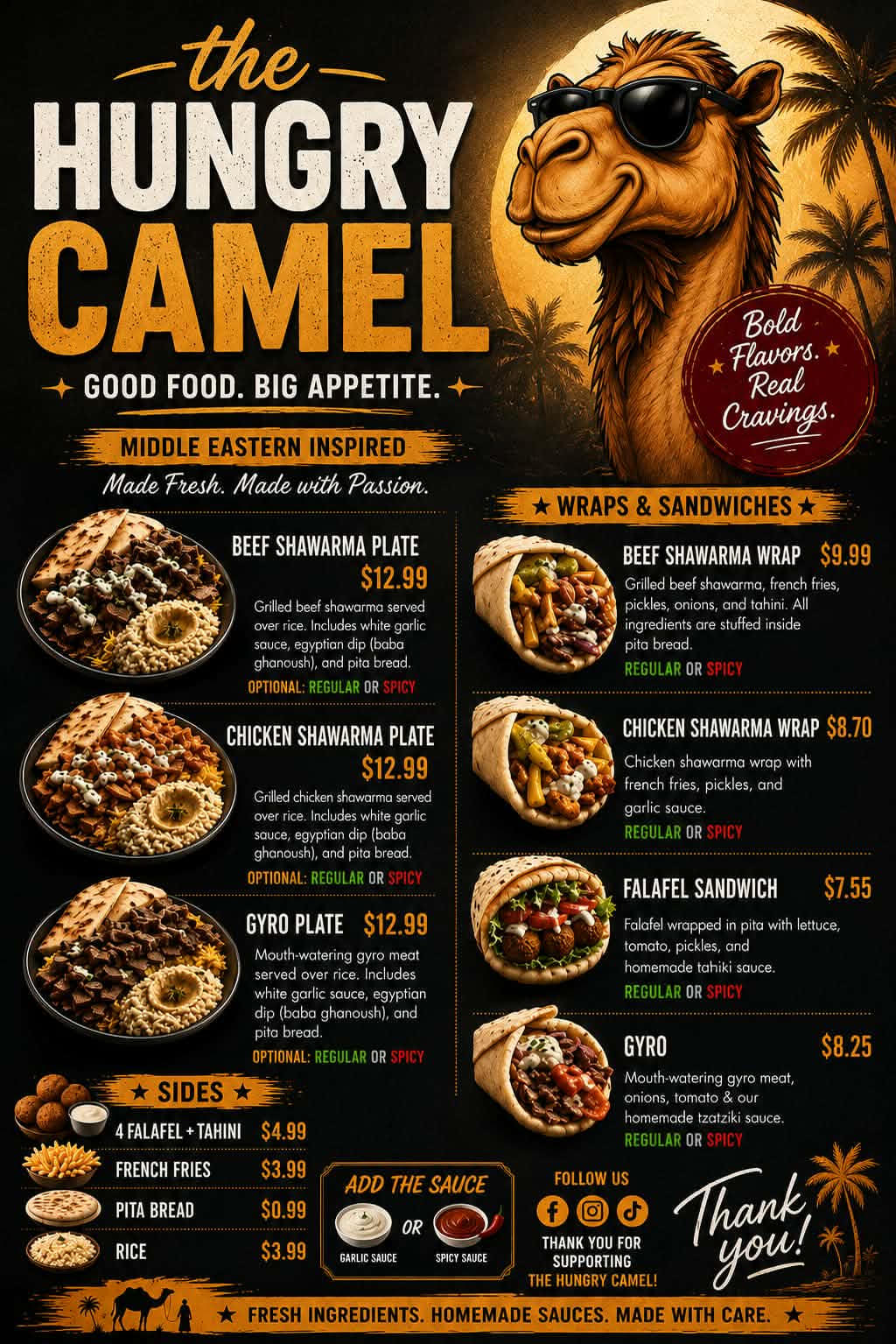 The Hungry Camel menu — shawarma plates, wraps, falafel, gyro, and sides